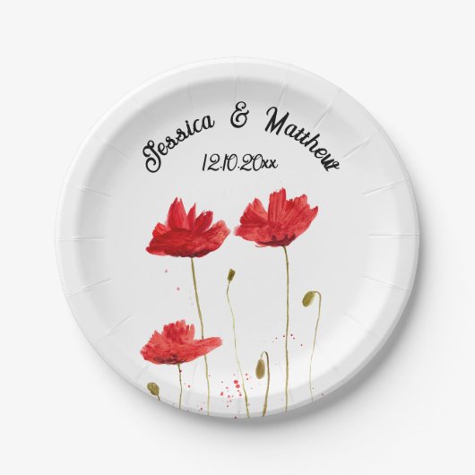 Papaver Rode bloemenbruiloft Waterverf Bruiloften Papieren Bordje (Voorkant)