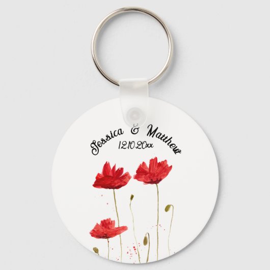 Papaver Rode bloemenbruiloft Waterverf Bruiloften Sleutelhanger (Voorkant)