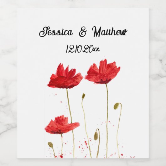 Papaver Rode bloemenbruiloft Waterverf Bruiloften Wijn Etiket (Enkel label)