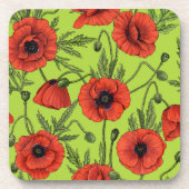 Papaver, rood en groen op limoengroen bier onderzetter (Voorkant)