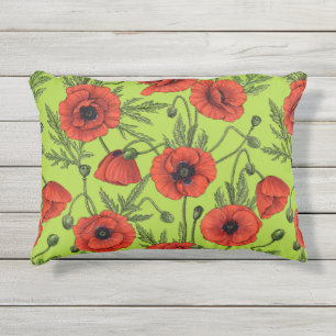 Papaver, rood en groen op limoengroen buitenkussen