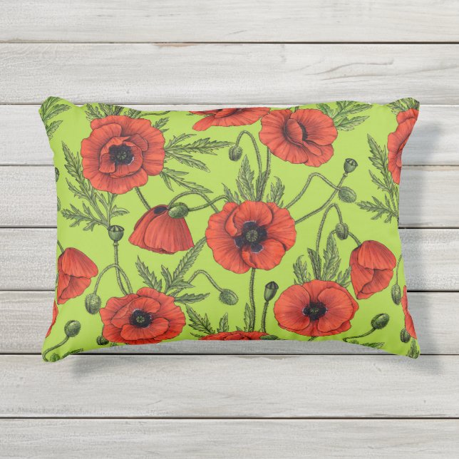 Papaver, rood en groen op limoengroen buitenkussen (Voorkant)
