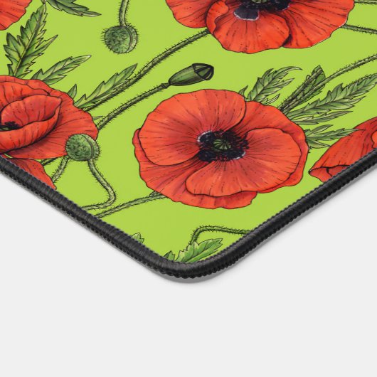 Papaver, rood en groen op limoengroen bureaumat (Hoek)