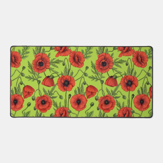 Papaver, rood en groen op limoengroen bureaumat (Voorkant)