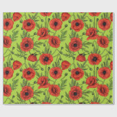 Papaver, rood en groen op limoengroen cadeaupapier (Vlak)