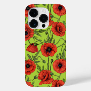 Papaver, rood en groen op limoengroen Case-Mate iPhone 14 pro hoesje