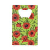 Papaver, rood en groen op limoengroen creditkaart flessenopener (Voorkant)