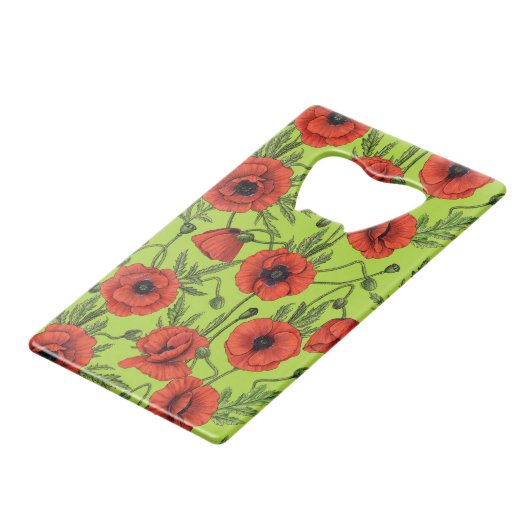 Papaver, rood en groen op limoengroen creditkaart flessenopener (Voorkant Gekanteld)