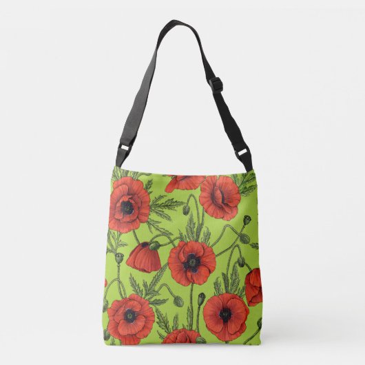 Papaver, rood en groen op limoengroen crossbody tas (Achterkant)