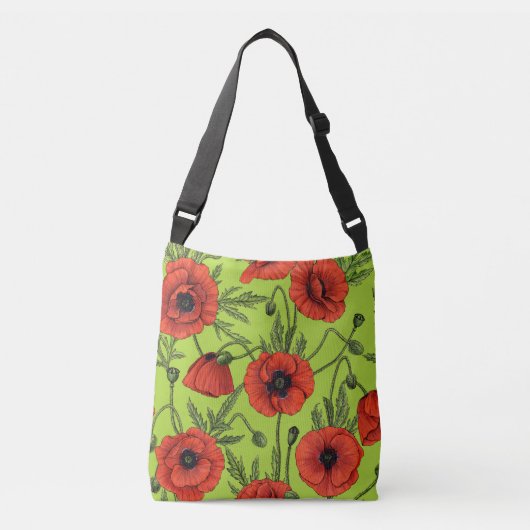 Papaver, rood en groen op limoengroen crossbody tas (Voorkant)