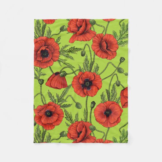 Papaver, rood en groen op limoengroen fleece deken (Voorkant)