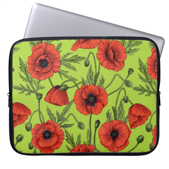 Papaver, rood en groen op limoengroen laptop sleeve (Voorkant)