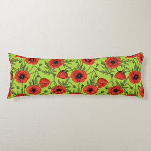 Papaver, rood en groen op limoengroen lichaamskussen