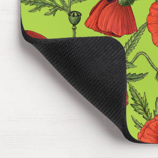 Papaver, rood en groen op limoengroen muismat (Hoek)