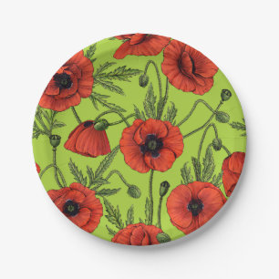 Papaver, rood en groen op limoengroen papieren bordje