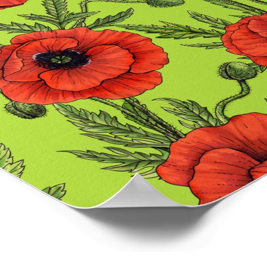 Papaver, rood en groen op limoengroen poster (Hoek)
