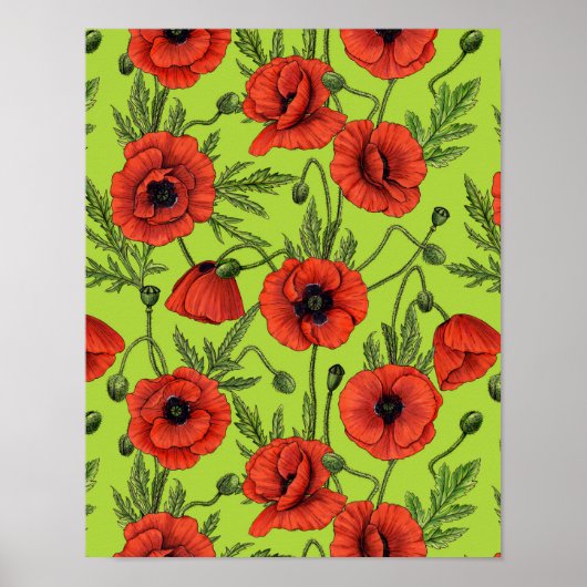 Papaver, rood en groen op limoengroen poster (Voorkant)