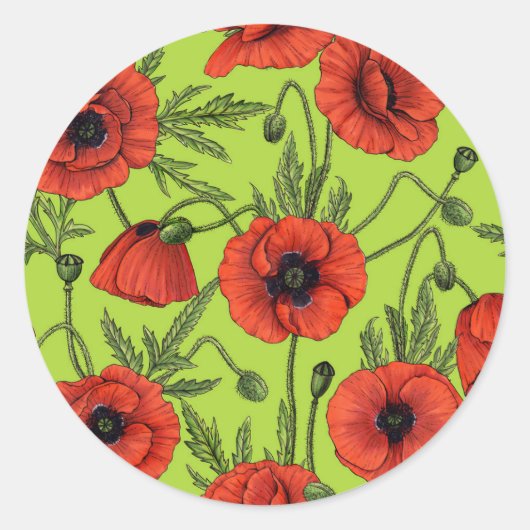 Papaver, rood en groen op limoengroen ronde sticker (Voorkant)