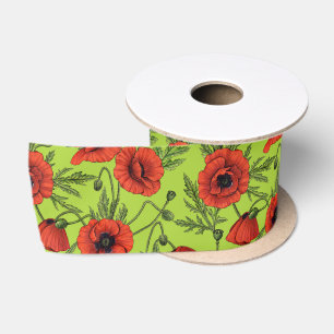 Papaver, rood en groen op limoengroen satijnen lint