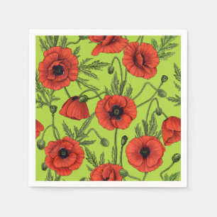 Papaver, rood en groen op limoengroen servet