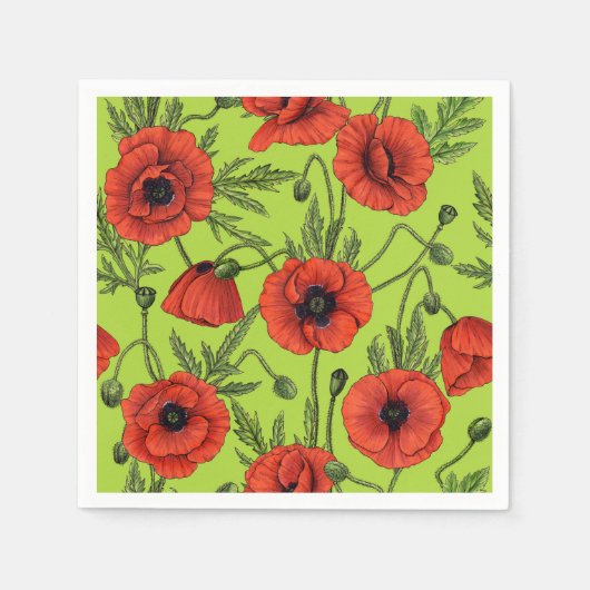 Papaver, rood en groen op limoengroen servet (Voorkant)
