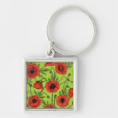 Papaver, rood en groen op limoengroen sleutelhanger (Voorkant)