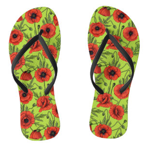 Papaver, rood en groen op limoengroen teenslippers