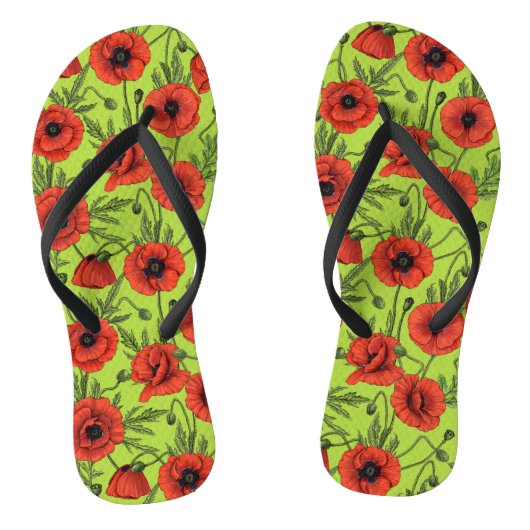 Papaver, rood en groen op limoengroen teenslippers (Voetbed)