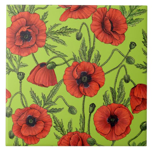 Papaver, rood en groen op limoengroen tegeltje (Voorkant)
