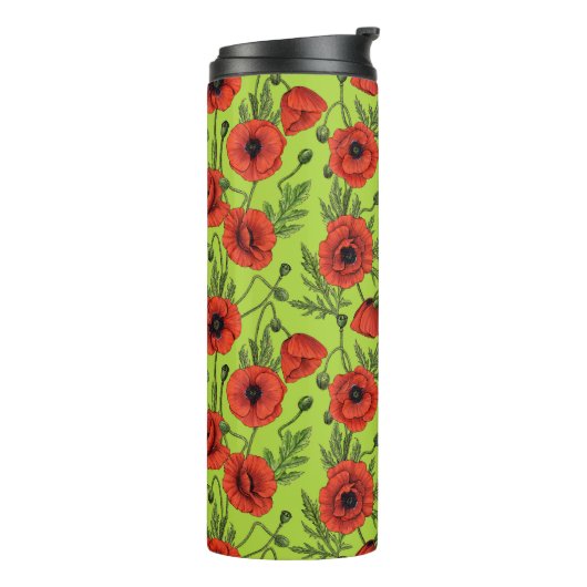 Papaver, rood en groen op limoengroen thermosbeker (Gedraaid links)