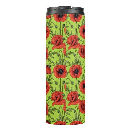 Papaver, rood en groen op limoengroen thermosbeker (Achterkant)