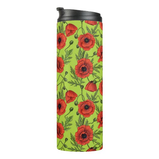 Papaver, rood en groen op limoengroen thermosbeker (Geroteerd rechts)