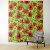 Papaver, rood en groen op limoengroen wandkleed (In situ)
