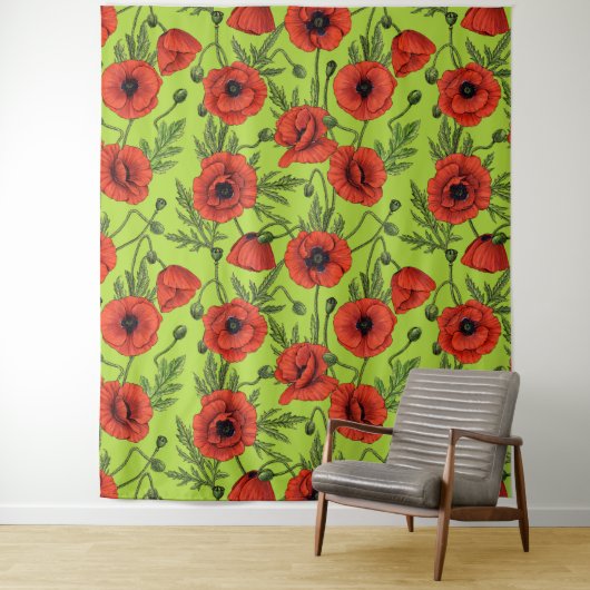 Papaver, rood en groen op limoengroen wandkleed (In situ)