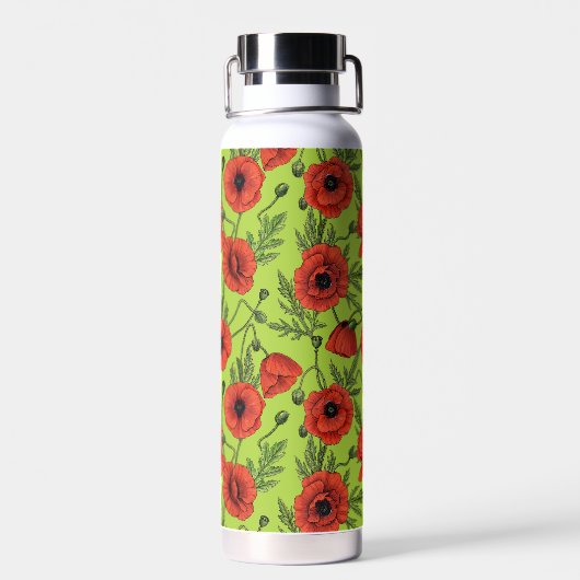 Papaver, rood en groen op limoengroen waterfles (Achterkant)