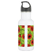 Papaver, rood en groen op limoengroen waterfles  (Achterkant)