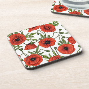 Papaver, rood en groen op wit bier onderzetter