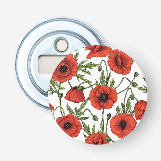 Papaver, rood en groen op wit button flesopener (Voorkant)