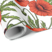 Papaver, rood en groen op wit cadeaupapier (Rol Hoek)