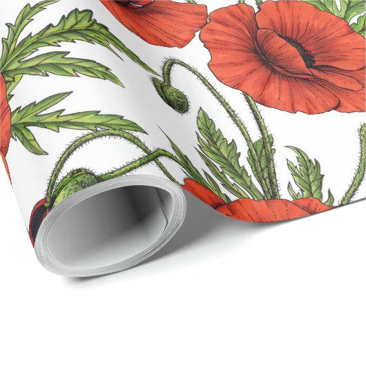 Papaver, rood en groen op wit cadeaupapier (Rol Hoek)