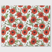 Papaver, rood en groen op wit cadeaupapier (Vlak)