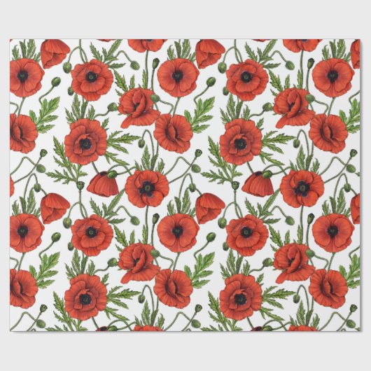 Papaver, rood en groen op wit cadeaupapier (Vlak)