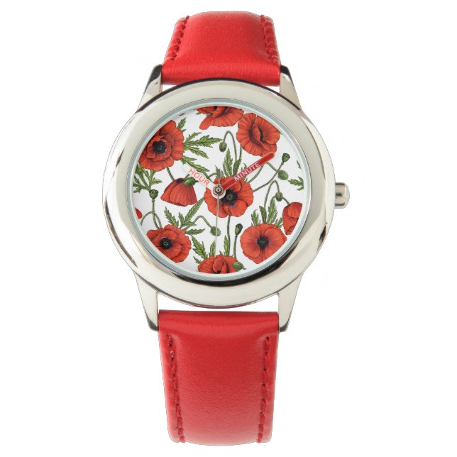 Papaver, rood en groen op wit horloge (Voorkant)
