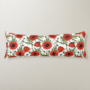 Papaver, rood en groen op wit lichaamskussen