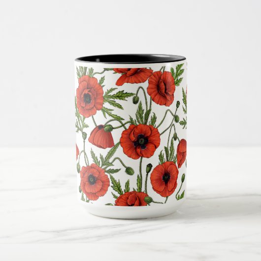 Papaver, rood en groen op wit mok (Midden)