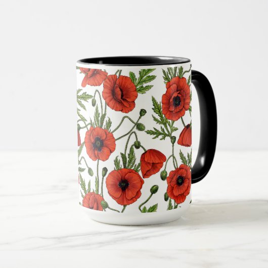 Papaver, rood en groen op wit mok (Voorkant rechts)