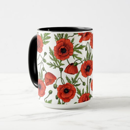 Papaver, rood en groen op wit mok (Voorkant links)