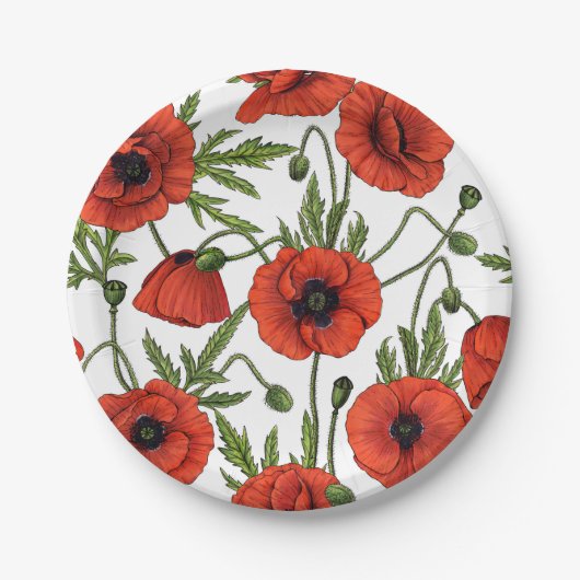 Papaver, rood en groen op wit papieren bordje (Voorkant)
