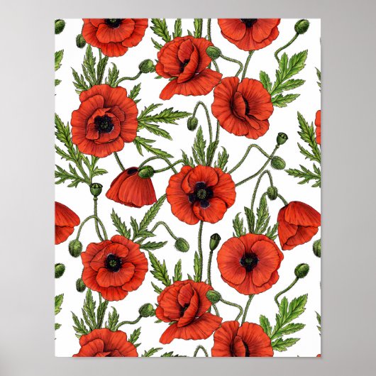 Papaver, rood en groen op wit poster (Voorkant)