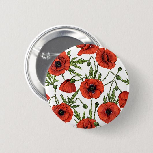 Papaver, rood en groen op wit ronde button 5,7 cm (Voorkant /achterkant)